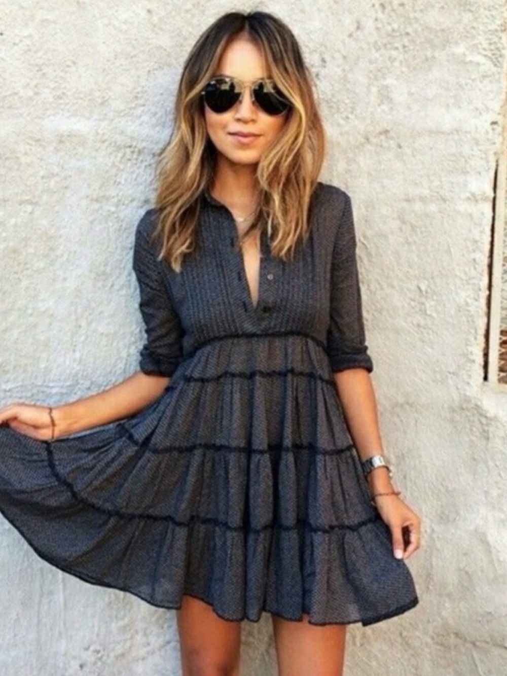 Denim & Supply Ralph Lauren Navy Tiered Button-Front Bodice  Mini Dress Medium